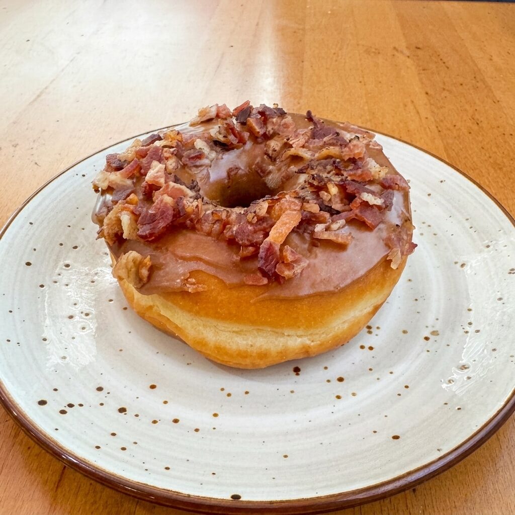 Maple bacon donut with maple glaze and real bacon crumble
